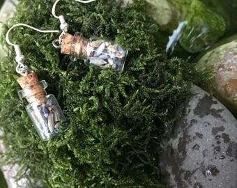 Lavender filled tiny bottle earrings