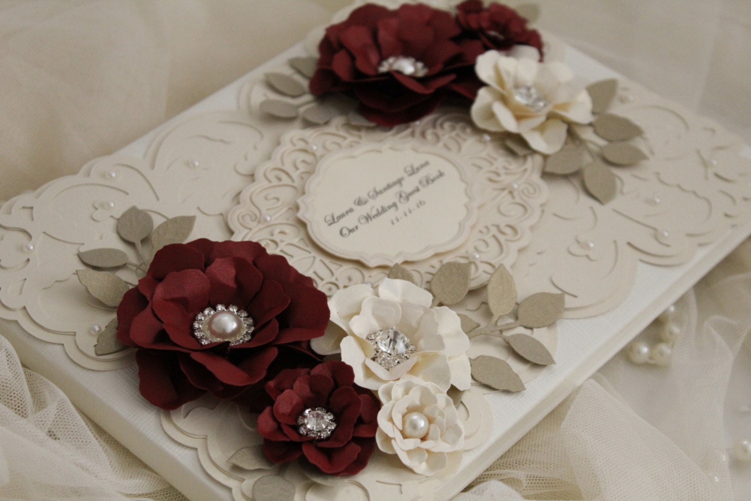 Burgundy dark red ivory and gold wedding guest book