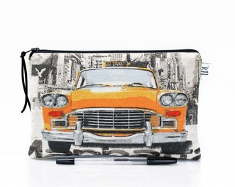 New York pencil case, Yellow cab zipper pouch, MakeUp bag, Gadget pouch, Back to school, Boys gift, School supplies, Car bag, Teacher gift