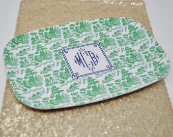 Monogrammed/Personalized Green Chinoiserie Melamine Tray