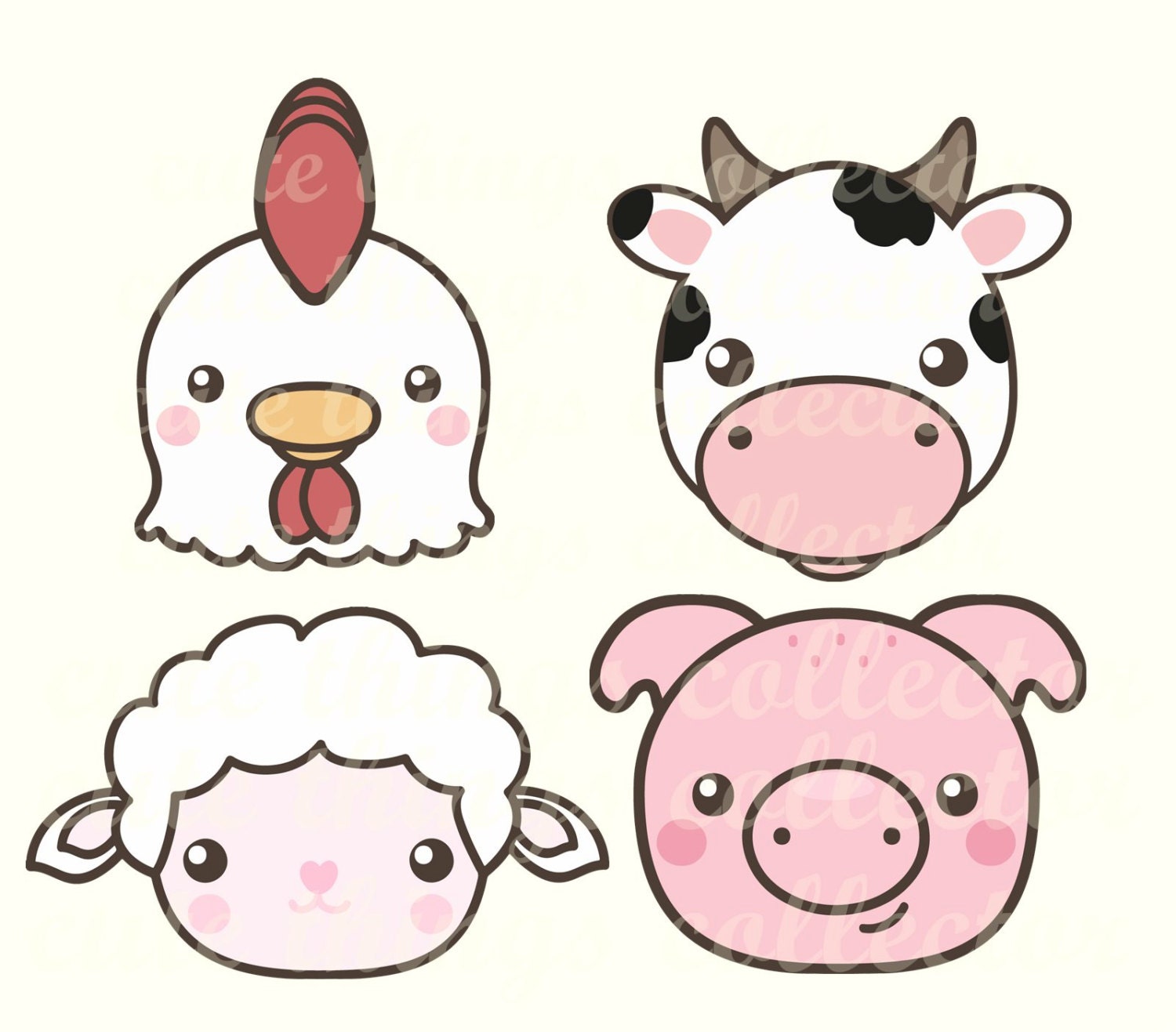 Cute Farm Animals Cow Hen Chicken Pig Sheep Kawaii Clip Art