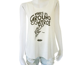 David Bowie Ziggy Stardust This is Ground Control To Major Tom Print Lady Women's Singlet Tank Top Vest Blouse Shirt Tee T-Shirt White S M L