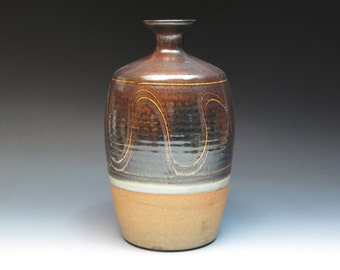 Winchcombe Pottery Bottle or Vase, Beautiful Tenmoku over Celadon Glaze, Studio Pottery Vase