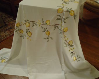 Vintage EMBROIDERED Tablecloth with Lemons & Mitter Cornors, 54 by 72 inch, Dinning, Desert Table Gift Tomorrow's Heirloom