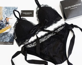 Padded lace bralette and lace satin panties lace lingerie / Triangle lace Bralette / Sexy lingerie