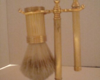 Vintage gold tone shaving brush, razor base and stand