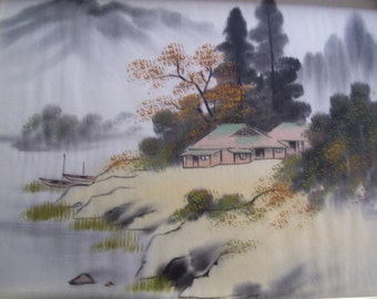 Japanese Painting on Silk Japan Landscape Framed with Glass 13x17 Vintage