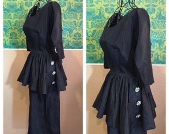 SALE - Vintage 1950s Dress - Little Black Wiggle Dress Bejeweled with Peplum - S