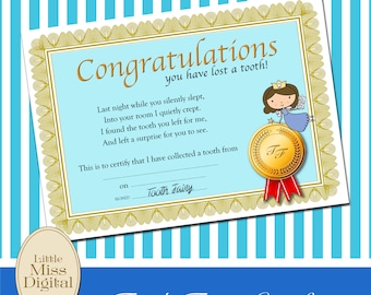 Tooth Fairy Certificate Boy Blue Award Ribbon Rosette Congratulations Bedroom Playroom Download Printable DIY