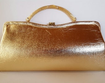 Vintage Mod Gold Clutch, Bamboo Goldtone Handle