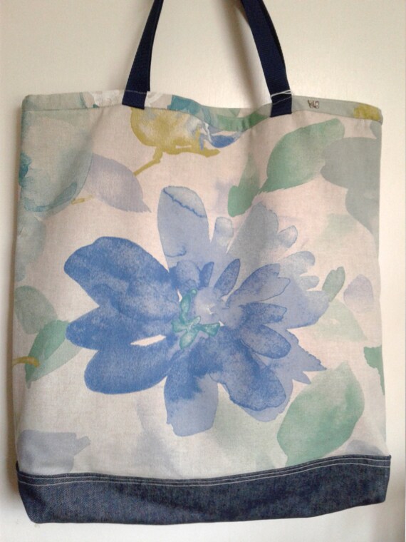 Watercolor Flower Tote Natural and Blue Travel tote bag