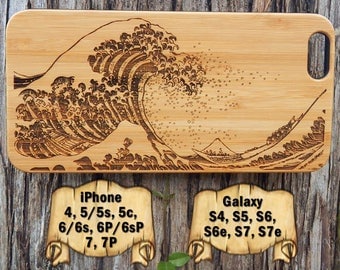 Great Wave Off Kanagawa, iPhone 7/7P 6/6s 6P/6sP 5/5s/5c 4/4s, Galaxy S7/S7e S6/S6e S5 S4, Laser Engraved Wood Phone Case, Vintage Art