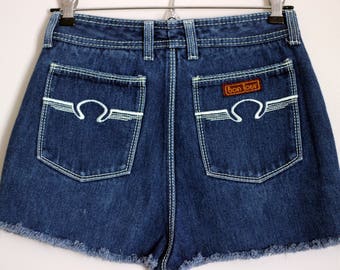 Bonjour Belle Cut Offs: 1980s Women's Vintage Bonjour Denim High Waisted Frayed Cut Off Blue Jean Shorts