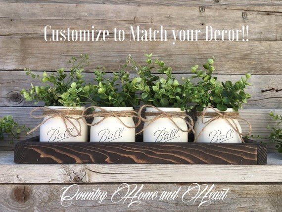 Mason Jar Decor Centerpiece With Boxwood Tray Mason Jar Decor Centerpiece With Boxwood Tray