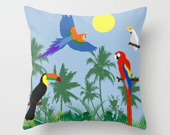 Parrots pillow cover-Toucan-Tropical-Green cushion-Blue Wild Birds 16x16 pillow-18x18-20x20 pillow-Mid century modern-Colourful-Cool pillow