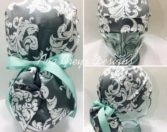 Ponytail Scrub Hat-Damask Scroll-Choose Your Trim