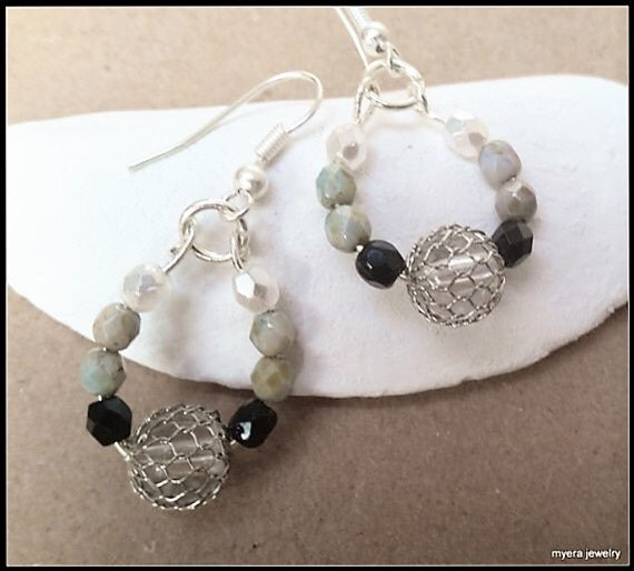 Beaded drop earrings, Statement Earrings, Large Dangle Earrings, Big Womens Earrings, Black White Earrings, Womens Ball Earrings