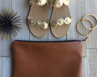 Leather zipper pouch |Leather clutch |Leather cosmetic bag |Leather makeup bag |Brown leather bag | Leather fold over clutch | Gifts for her
