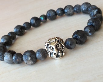 Labradorite Lion/Gray Leo Bracelet/Lion King Bracelet/Gift for Men/Lionhead Jewelry/Protection Bracelet/Antique Silver Lion/Leeuwenkoning