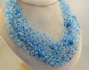 Blue beaded necklace jewelry beads necklace bead crochet necklace elegant necklace with beads gift for her crochet handmade rope Statement