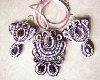 Amethyst pendant Amethyst earrings Jewelry set gift Purple pendant purple earrings Statement jewelry set Wedding jewelry Soutache jewelry