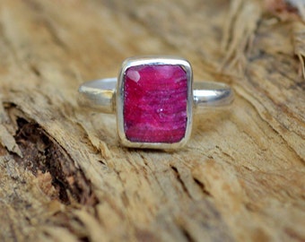 Natural Red Ruby Gemstone 925 Sterling Silver Ring Size 8, Handmade Artisan Ring Jewelry, July Birthstone Red Ruby Gemstone Ring 8