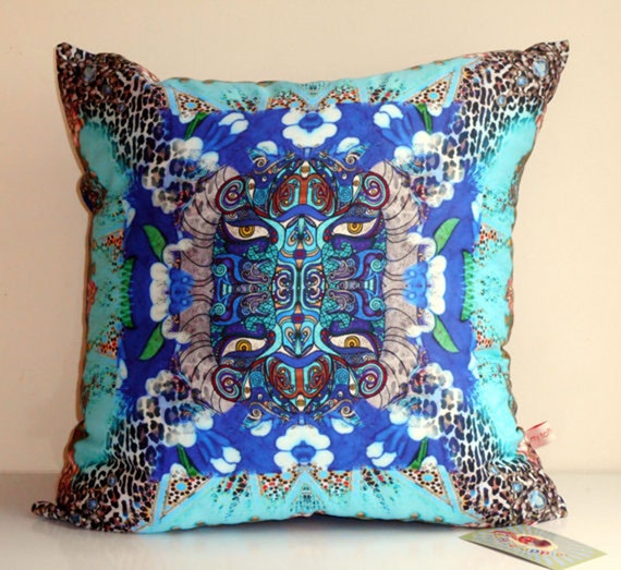 Turquoise oriental decorative pillow covercollage printblue