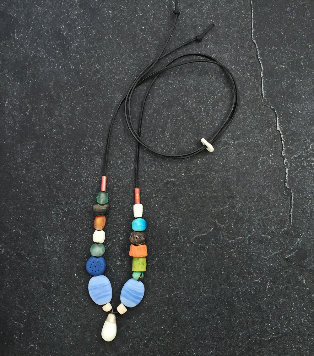 Colourful ceramic pendant necklace w/ porcelain/ terracotta/