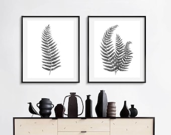Watercolor print, printable watercolor botanical print, set of two fern prints, black and white home decor, watercolor botanical fern print