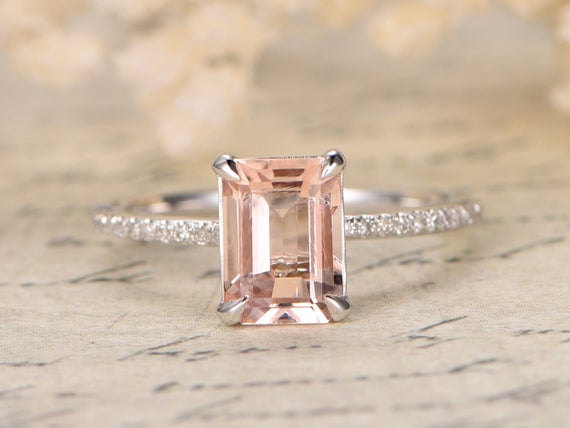 79mm Emerald Cut Morganite Ring Solid 14K White Gold Pink