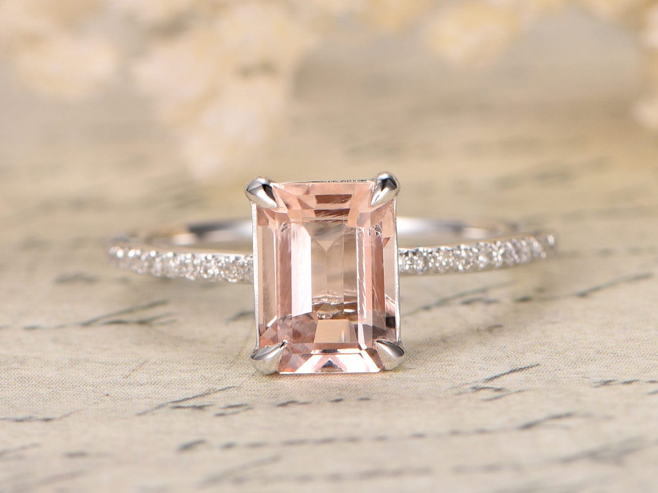 79mm Emerald Cut Morganite Ring Solid 14k White Gold Pink