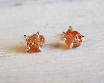 Hessonite Garnet Rough Stone Earrings, Fine Sterling Silver 999 Earrings, January Birthstone
