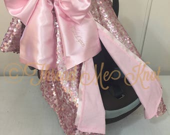 SALE PRICE |LUX| Dusty Rose & Light Gold Car Seat Canopy Light Pink Satin Bow with Slit