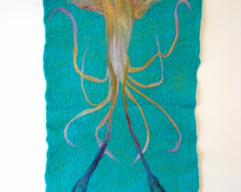 Kraken Wall Hanging, Felted Squid Wall Hanging, Fine Art, Kraken Artwork, Squid Artwork, Felt Wall Hanging, Felt Artwork, Nautical Artwork
