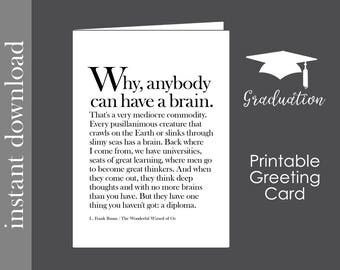 Graduation Card, Graduation Printable, printable card, funny graduation, Wizard of Oz, high school grad, college graduation, brain quote