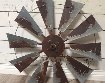 30 inch rusty windmill wall art with center cap- Farmhouse decor- fixer upper - vintage farmhouse- housewarming- Gift idea-wedding- decor