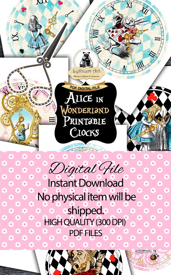 Alice in Wonderland Clocks Printable Clocks Vintage Alice