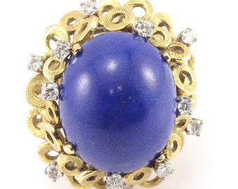 18K Vintage Diamond Lapis Ring Yellow Gold Estate