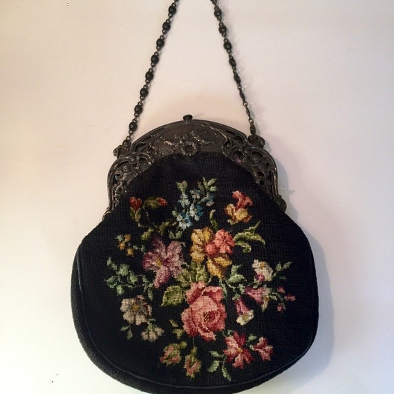Needlepoint Handbag Medium with Repoussee metal chain handle and clasp Amazing detail