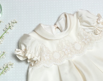 Light Ivory Silk Baptism dress - Personalized Christening gown - vintage wedding baby dress - Silk lace toddler dress