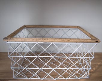 White metal wire basket & wooden rim
