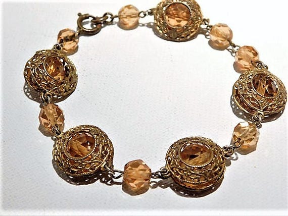 Vintage Czech Art Deco 1930s Bracelet Faceted Amber Glass Bead Beaded Brass Filigree Bracelet Flapper Era Fashion Jewelry Downton Abbey