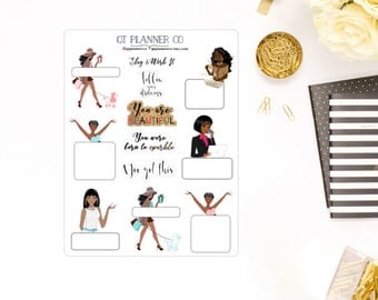 Sisters Slay and Werk It Planner Stickers, Decorative, Functional, Quotes - Erin Condren Life Planner, African American, Dark Skin Women