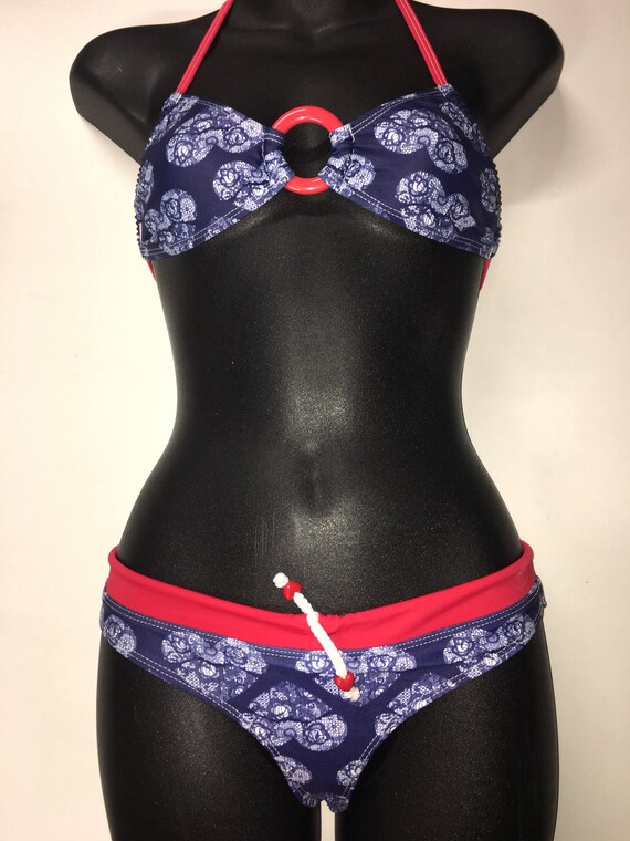 50% off SALE *** MissManeater NAUTICAL ring front fixed bikini top with drawcord sporty boutique bikini pant ***BRAZILIAN cheeky cut!