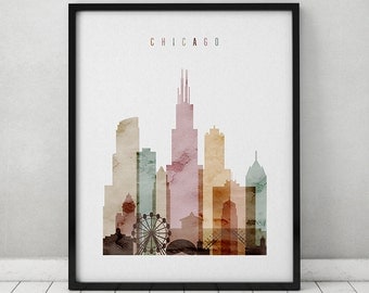 Chicago watercolor skyline print, watercolor poster, Wall art, Illinois cityscape poster typography art digital watercolor ArtPrintsVicky.