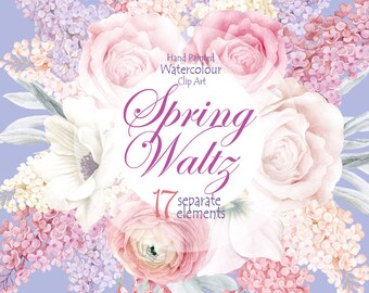 Watercolour Clipart collection, Flower elements, branch of Lilac, Roses, Ranunculus, Wedding invitation, greeting card, PNG, Scrapbooking