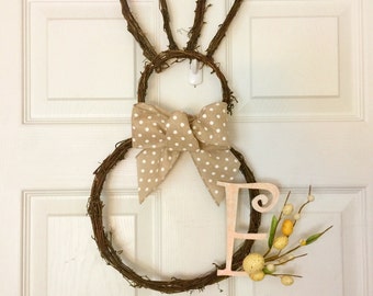 Grapevine Easter Wreath, Initial Wreath, Spring Wreath, Bunny Wreath, Easter Bunny Wreath, Monogram Spring Wreath, Neutral Spring Wreath,
