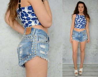 Levis 501 Shorts Studded Vintage High waisted Cutoff denimdistressed jean frayed ripped woman 1990's denim XL size