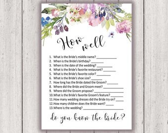 BRIDAL SHOWER GAME How Well Do You Know the Bride Printable Bridal Shower Game Boho Chic Bridal Asters Violets Wedding Purple diy, B300