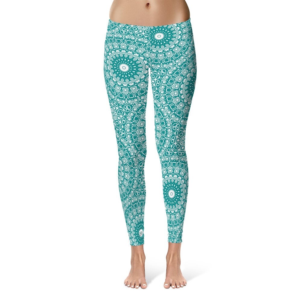 Teal Yoga Leggings Teal Leggings Teal and White Printed